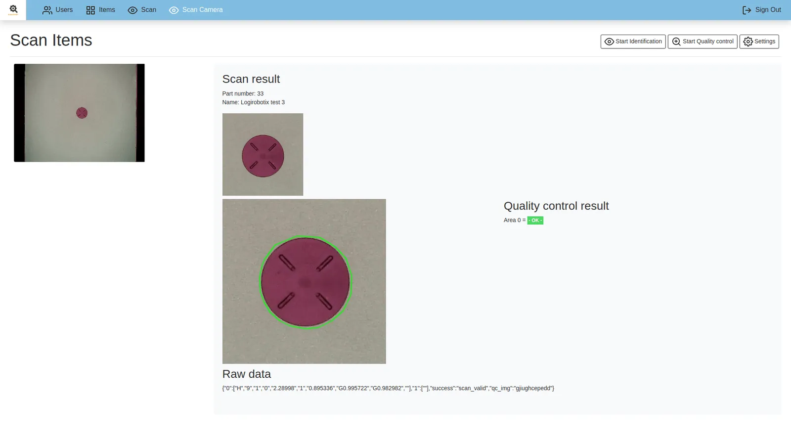 Scan result screen: a rubber stopper photographed from above and passed by the quality check